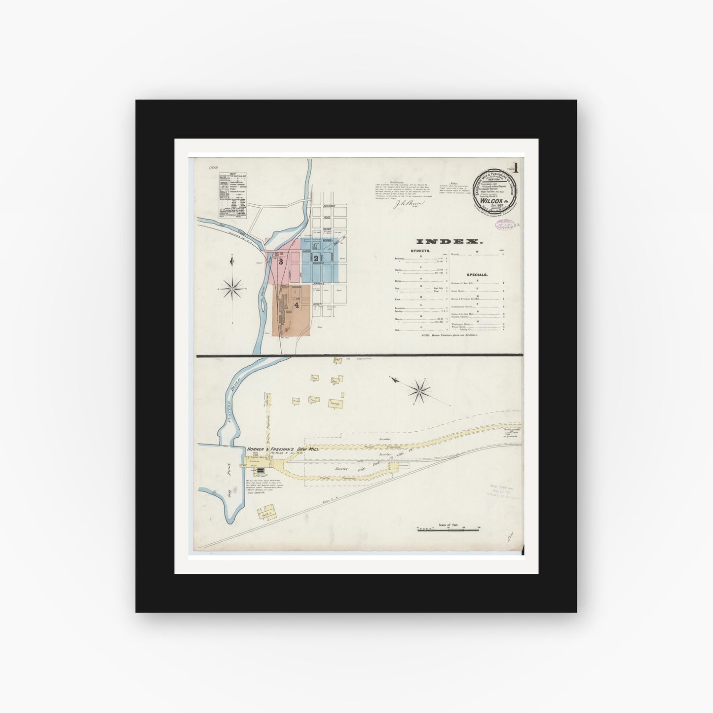 Old map wall art mockup — black gallery frame with white mat — Sanborn Fire Insurance Map from Wilcox, Elk County, Pennsylvania (1887), Sheet #0001
