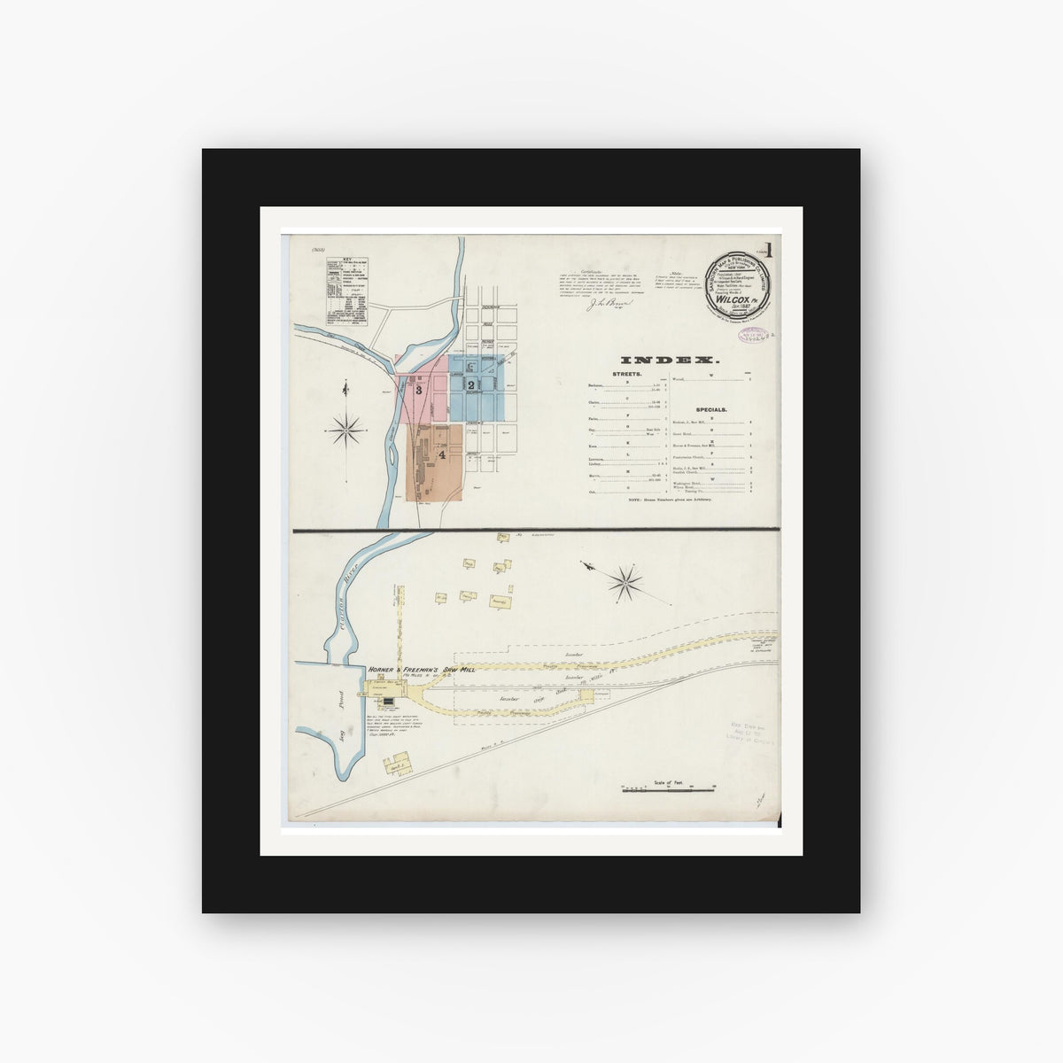 Old map wall art mockup — black gallery frame with white mat — Sanborn Fire Insurance Map from Wilcox, Elk County, Pennsylvania (1887), Sheet #0001
