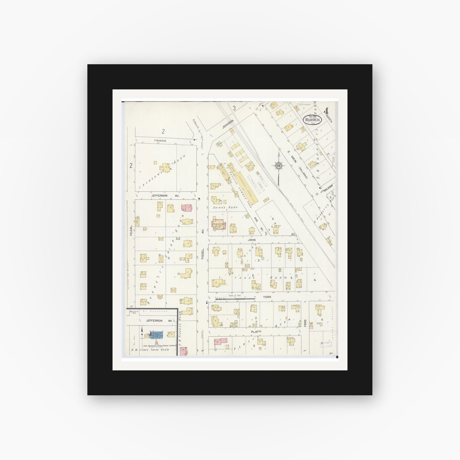 Old map wall art mockup — black gallery frame with white mat — Sanborn Fire Insurance Map from Warren, Jo Daviess County, Illinois (1912), Sheet #0004
