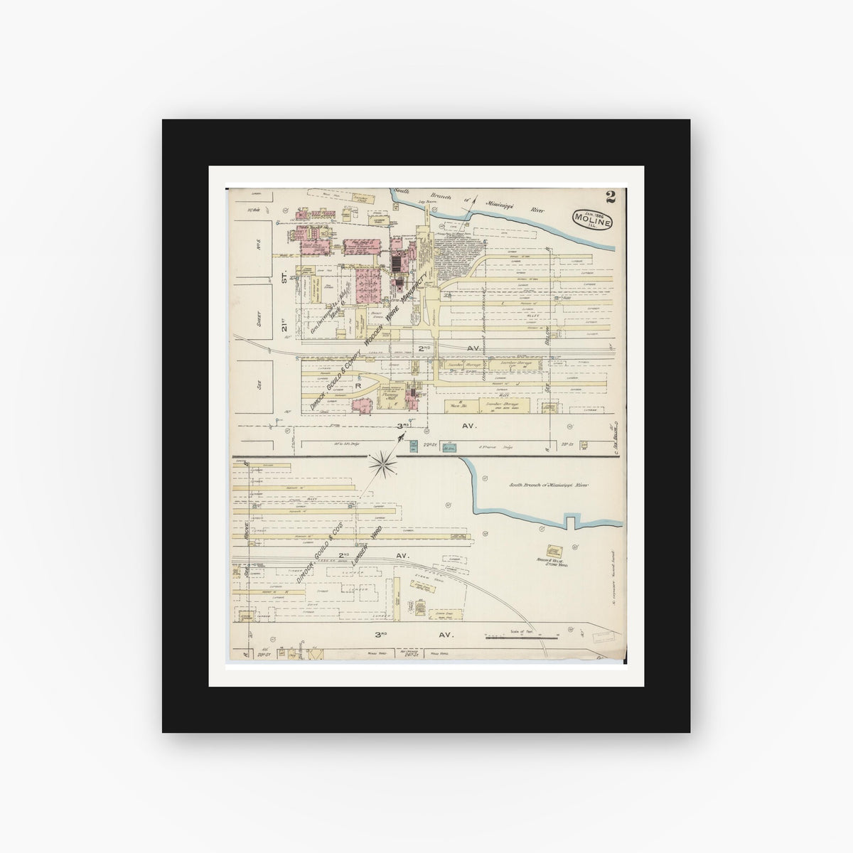Old map wall art mockup — black gallery frame with white mat — Sanborn Fire Insurance Map from Moline, Rock Island County, Illinois (1886), Sheet #0002