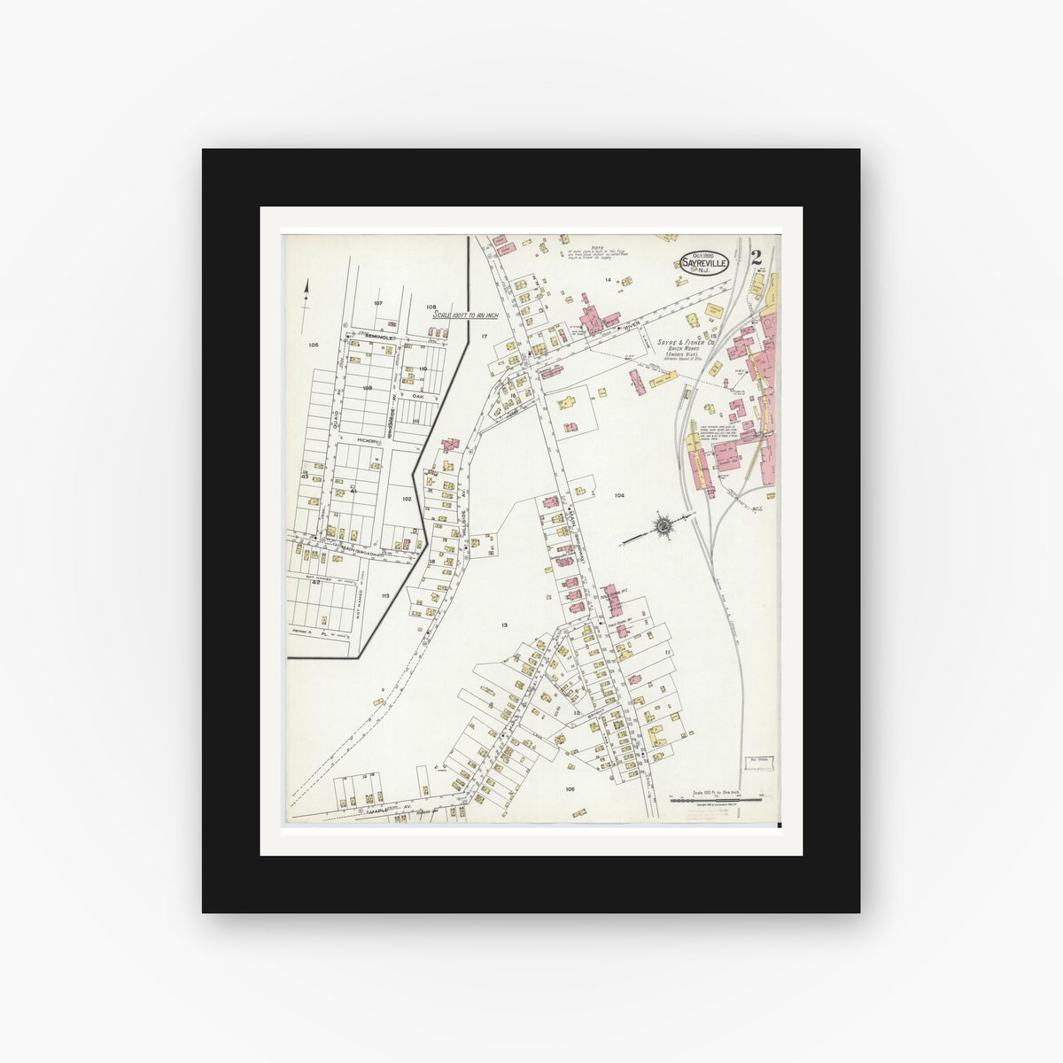 Old map wall art mockup — black gallery frame with white mat — Sanborn Fire Insurance Map from Sayreville, Middlesex County, New Jersey (1920), Sheet #0002