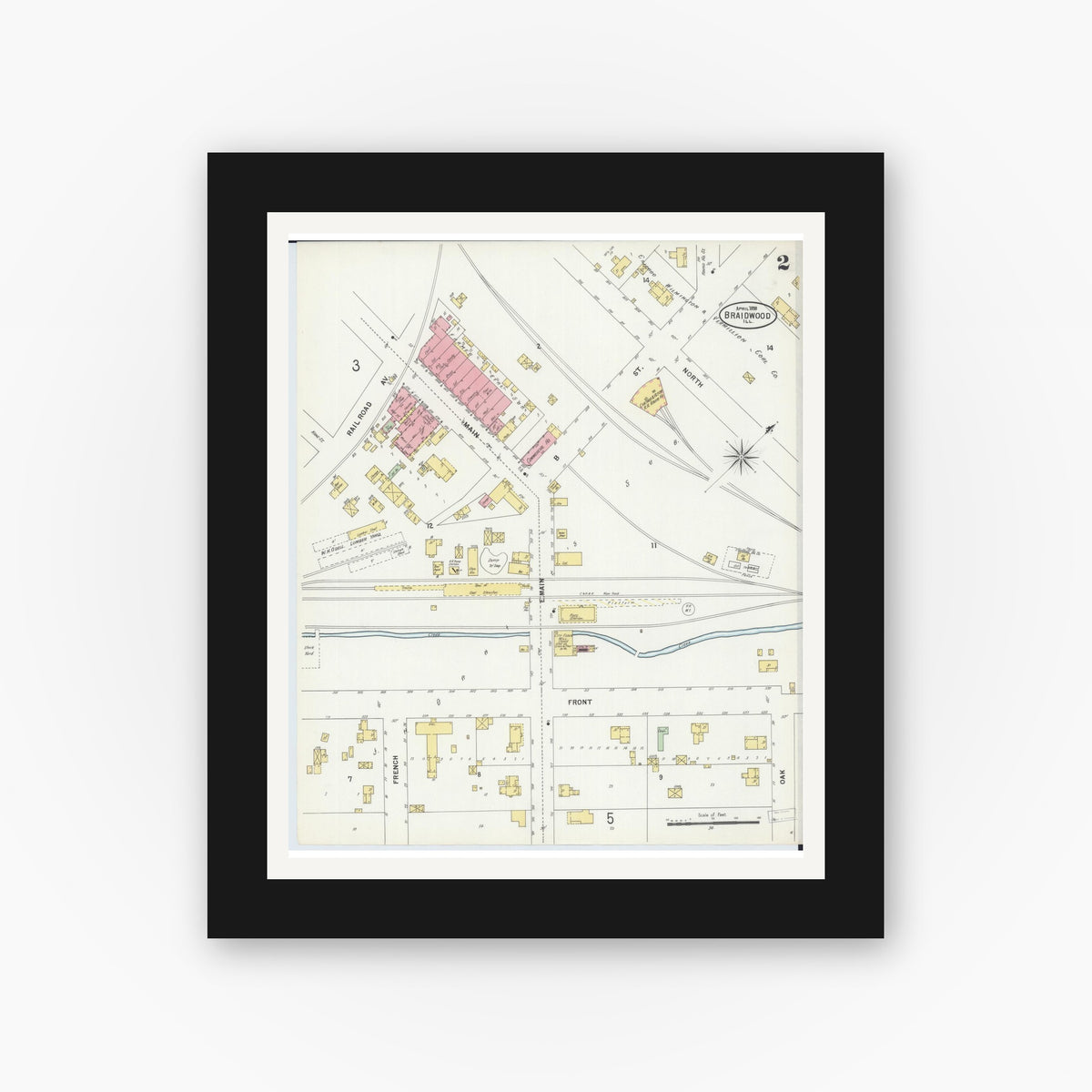 Old map wall art mockup — black gallery frame with white mat — Sanborn Fire Insurance Map from Braidwood, Will County, Illinois (1898), Sheet #0002