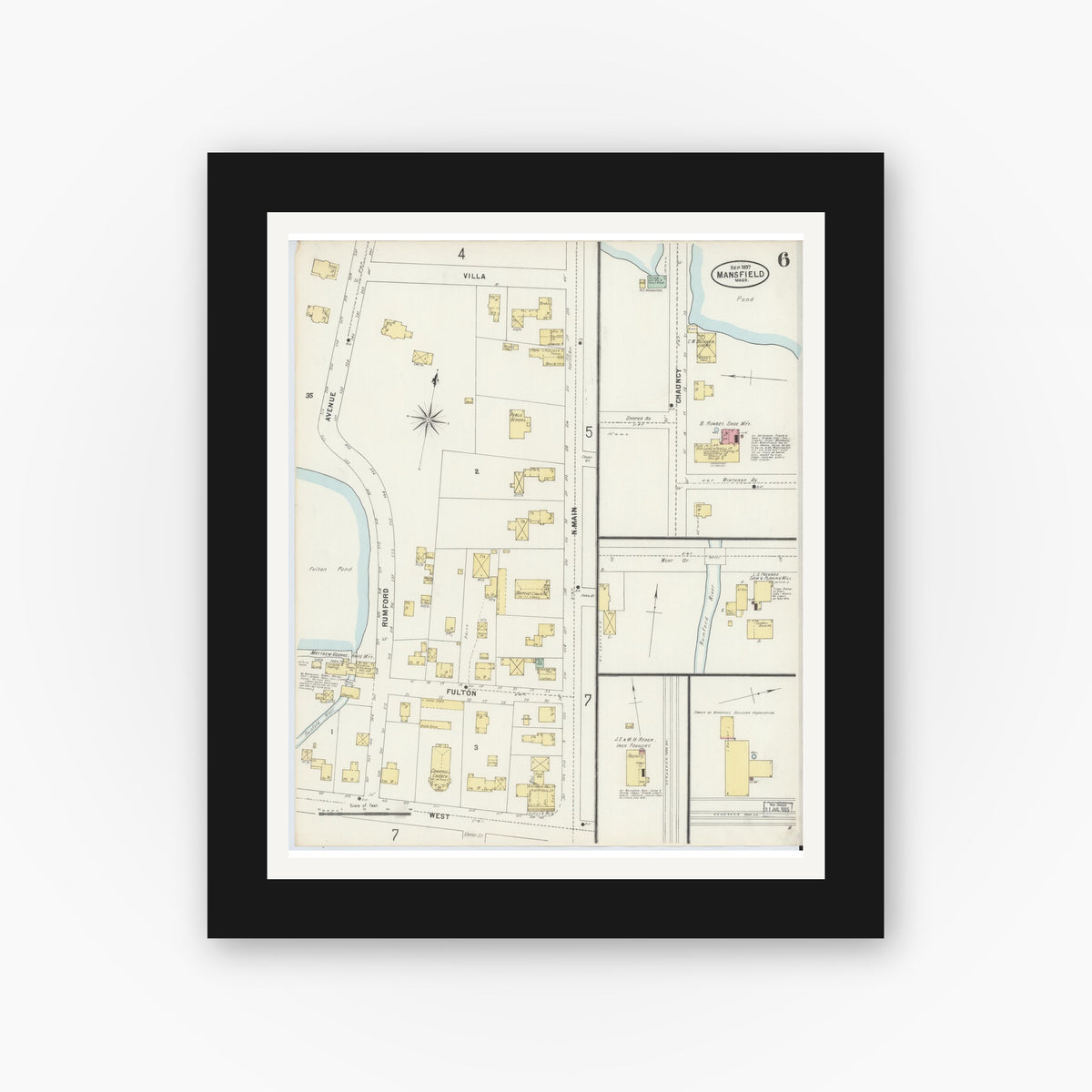 Old map wall art mockup — black gallery frame with white mat — Sanborn Fire Insurance Map from Mansfield, Bristol County, Massachusetts (1897), Sheet #0006