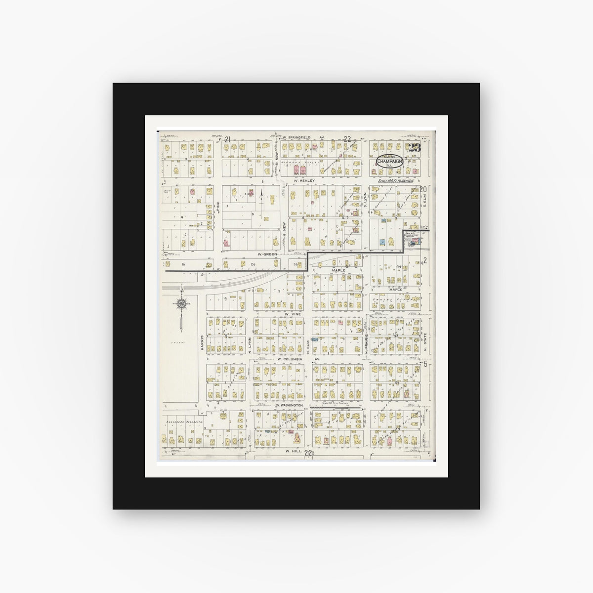 Old map wall art mockup — black gallery frame with white mat — Sanborn Fire Insurance Map from Champaign, Champaign County, Illinois (1915), Sheet #0023