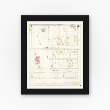 Old map wall art mockup — black gallery frame with white mat — Sanborn Fire Insurance Map from Canoga Park, Los Angeles County, California (1932), Sheet #0008