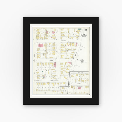 Old map wall art mockup — black gallery frame with white mat — Sanborn Fire Insurance Map from Seymour, Jackson County, Indiana (1907), Sheet #0010