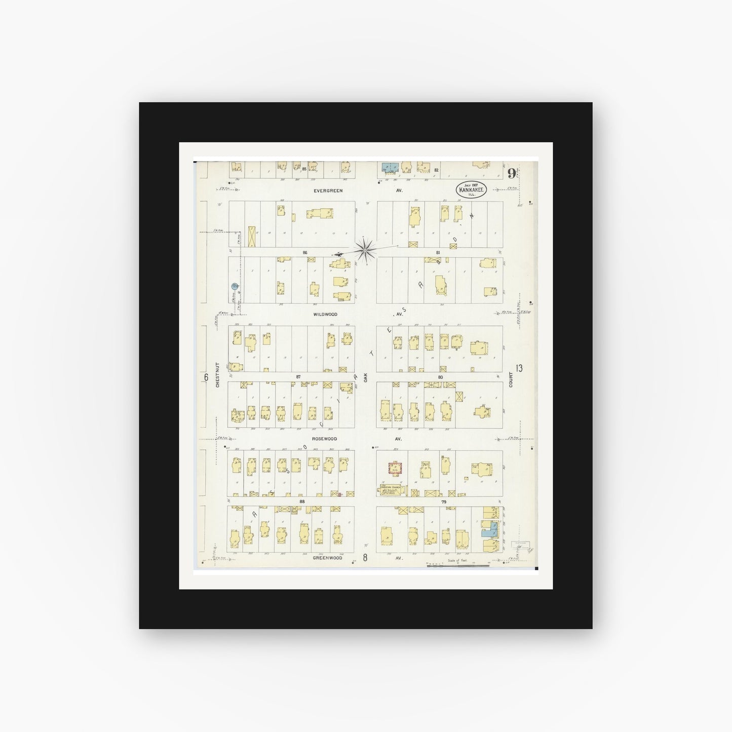 Old map wall art mockup — black gallery frame with white mat — Sanborn Fire Insurance Map from Kankakee, Kankakee County, Illinois (1907), Sheet #0009