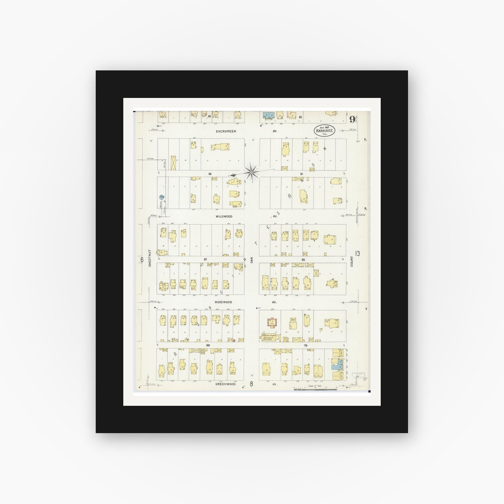 Old map wall art mockup — black gallery frame with white mat — Sanborn Fire Insurance Map from Kankakee, Kankakee County, Illinois (1907), Sheet #0009
