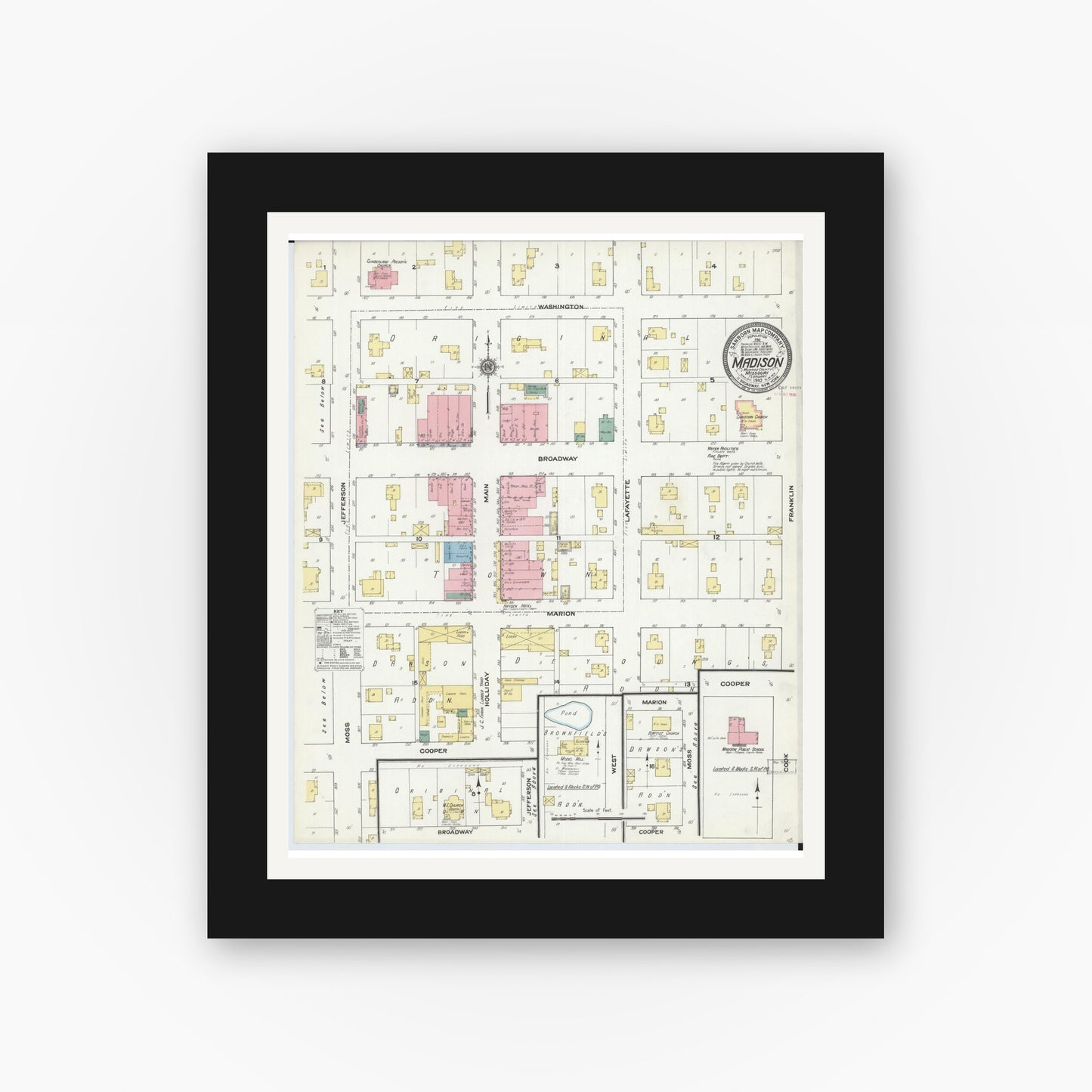 Old map wall art mockup — black gallery frame with white mat — Sanborn Fire Insurance Map from Madison, Monroe County, Missouri (1910), Sheet #0001