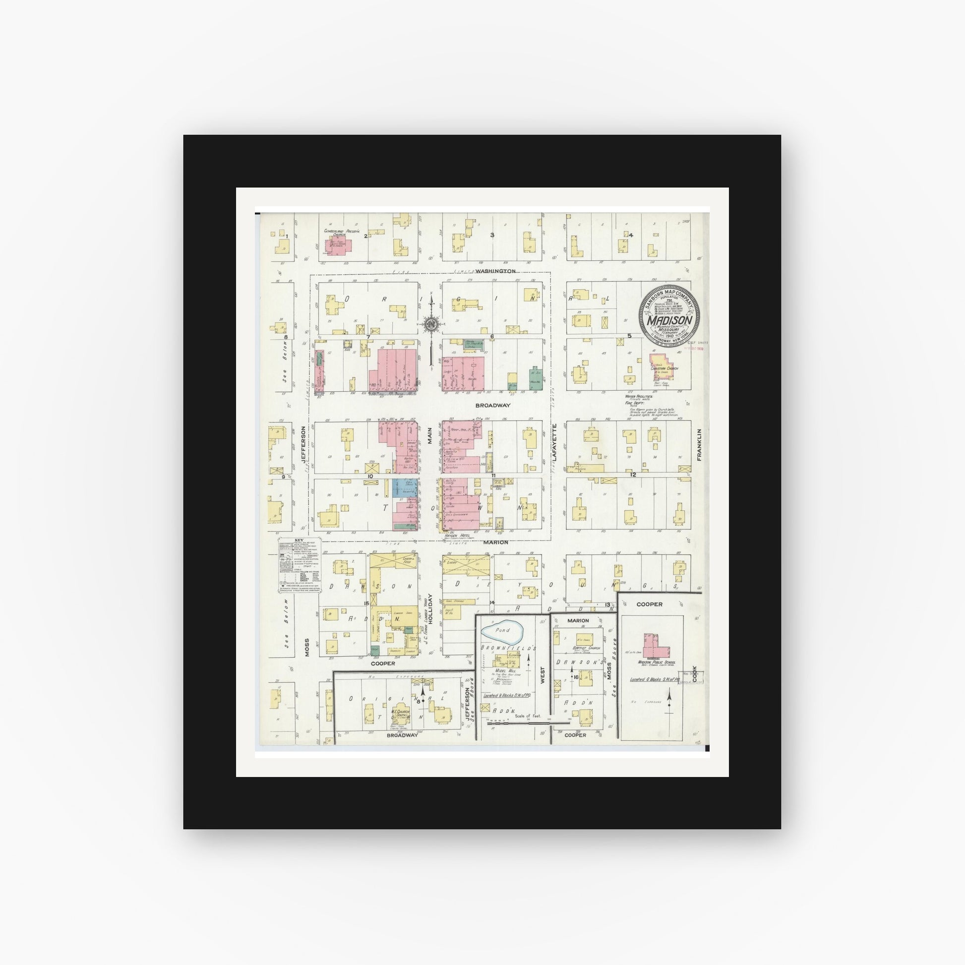 Old map wall art mockup — black gallery frame with white mat — Sanborn Fire Insurance Map from Madison, Monroe County, Missouri (1910), Sheet #0001