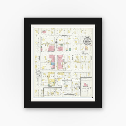 Old map wall art mockup — black gallery frame with white mat — Sanborn Fire Insurance Map from Madison, Monroe County, Missouri (1910), Sheet #0001