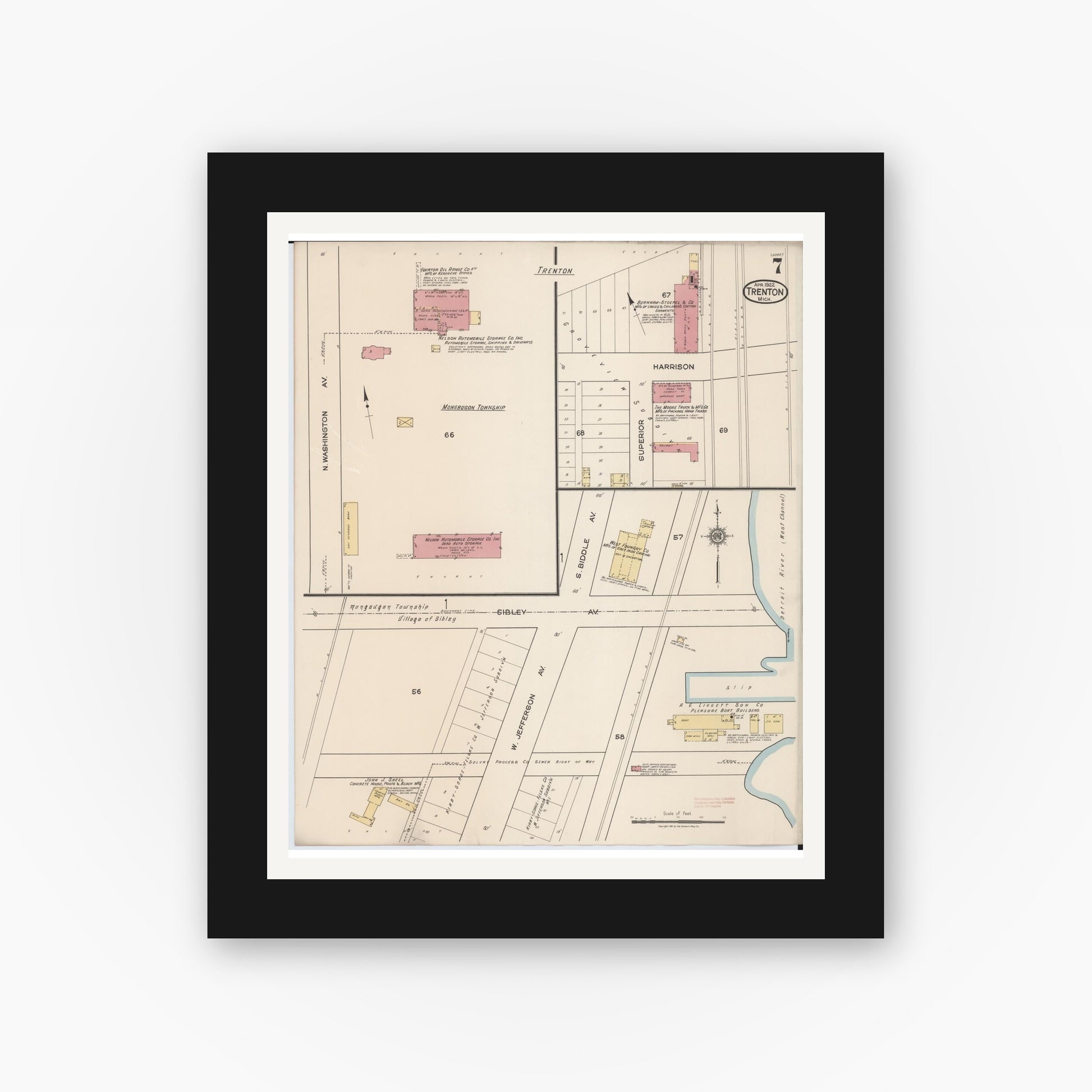 Old map wall art mockup — black gallery frame with white mat — Sanborn Fire Insurance Map from Trenton, Wayne County, Michigan (1922), Sheet #0007