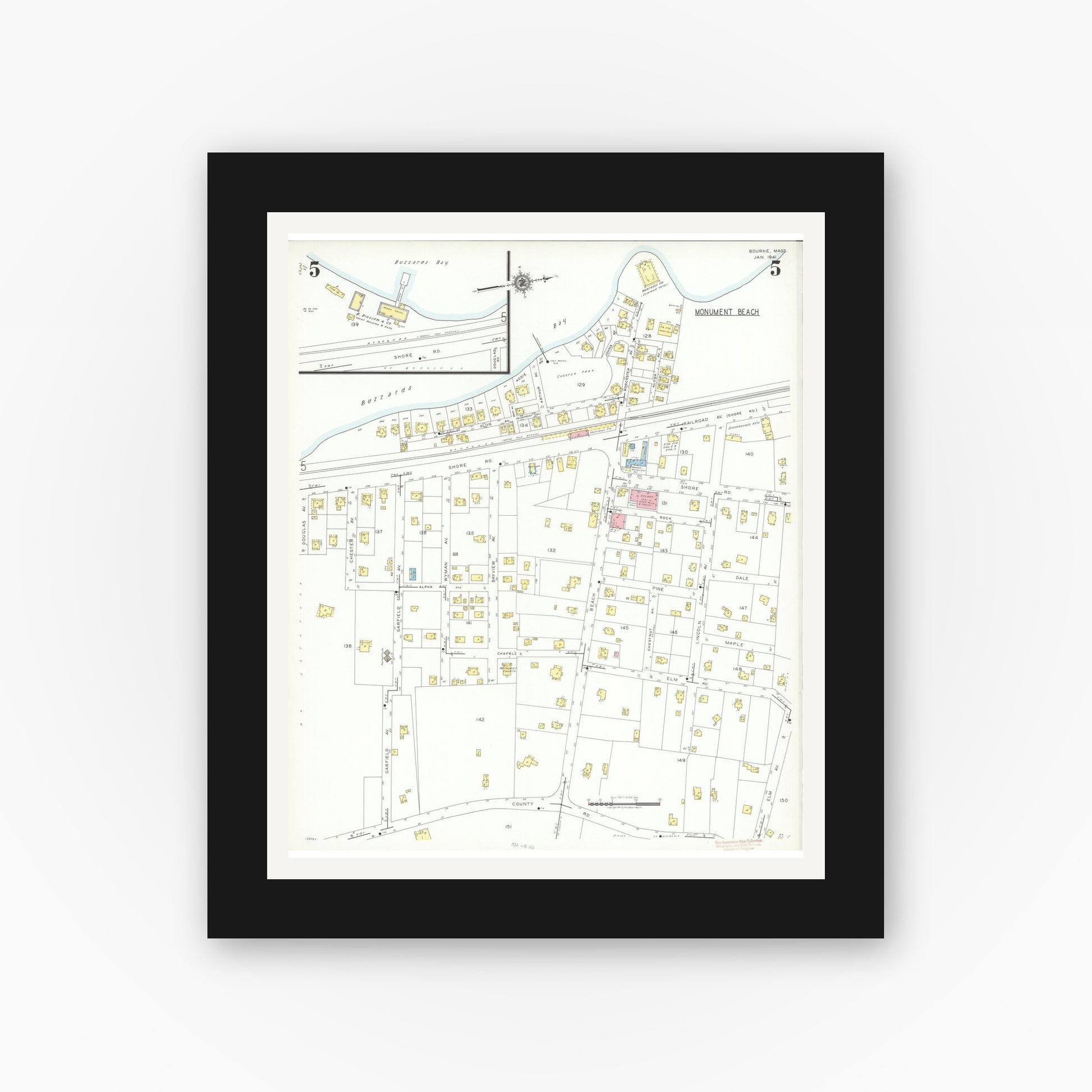 Old map wall art mockup — black gallery frame with white mat — Sanborn Fire Insurance Map from Bourne, Barnstable County, Massachusetts (1941), Sheet #0005
