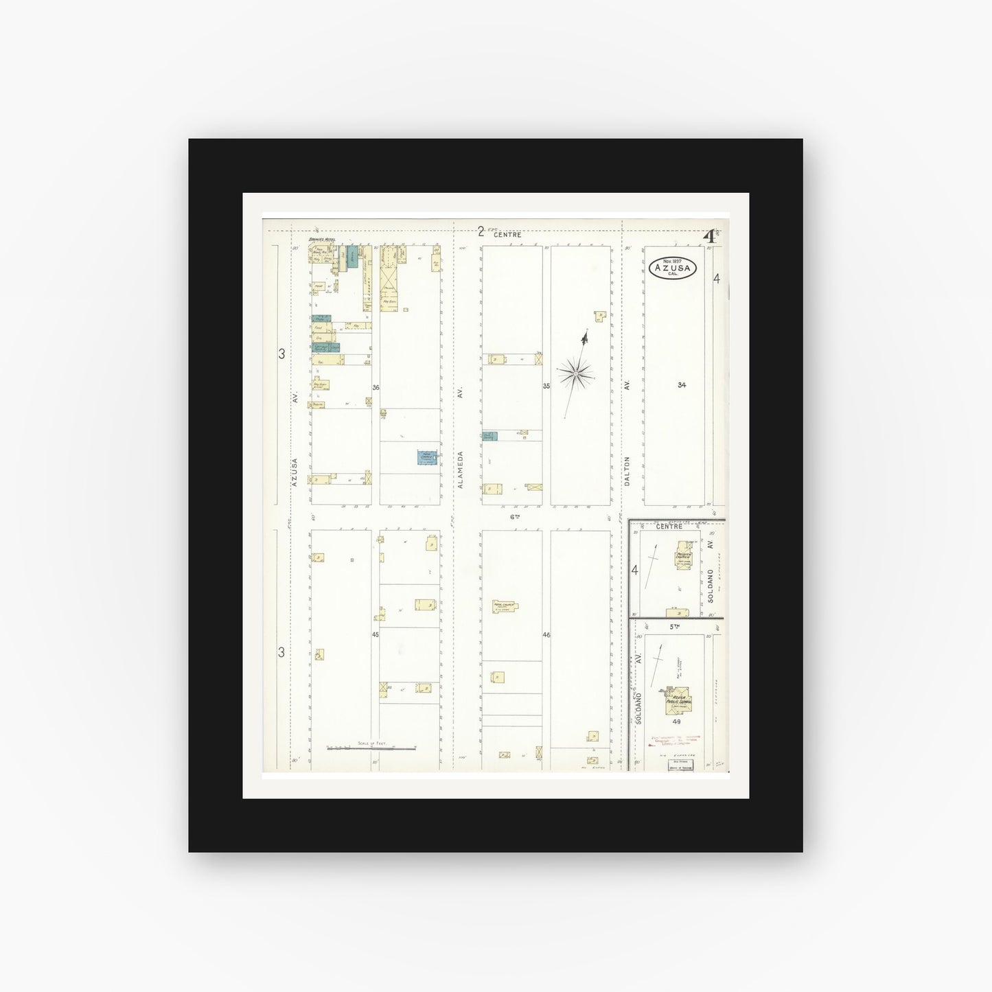 Old map wall art mockup — black gallery frame with white mat — Sanborn Fire Insurance Map from Azusa, Los Angeles County, California (1897), Sheet #0004