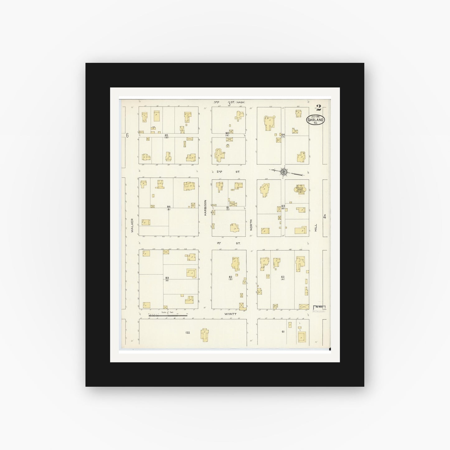 Old map wall art mockup — black gallery frame with white mat — Sanborn Fire Insurance Map from Garland, Dallas County, Texas (1915), Sheet #0002