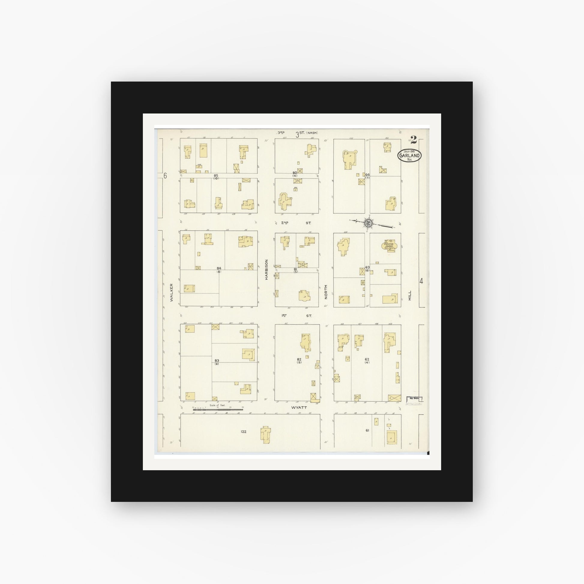 Old map wall art mockup — black gallery frame with white mat — Sanborn Fire Insurance Map from Garland, Dallas County, Texas (1915), Sheet #0002