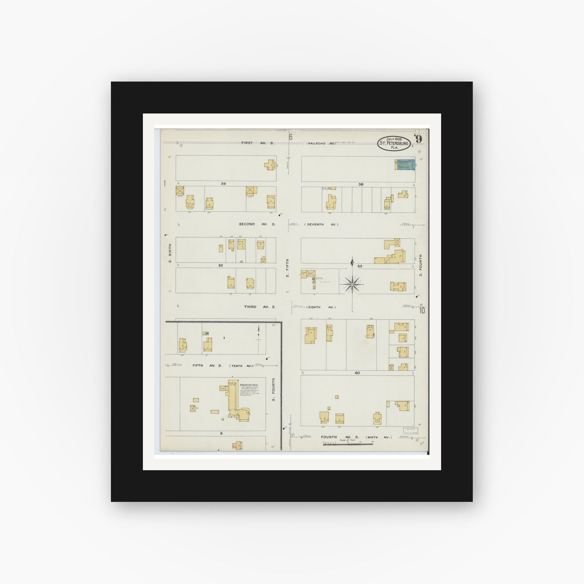 Old map wall art mockup — black gallery frame with white mat — Sanborn Fire Insurance Map from Saint Petersburg, Pinellas County, Florida (1908), Sheet #0009