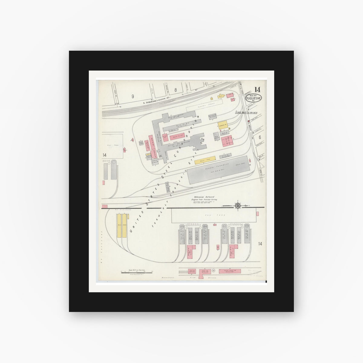 Old map wall art mockup — black gallery frame with white mat — Sanborn Fire Insurance Map from Duquesne, Allegheny County, Pennsylvania (1917), Sheet #0014