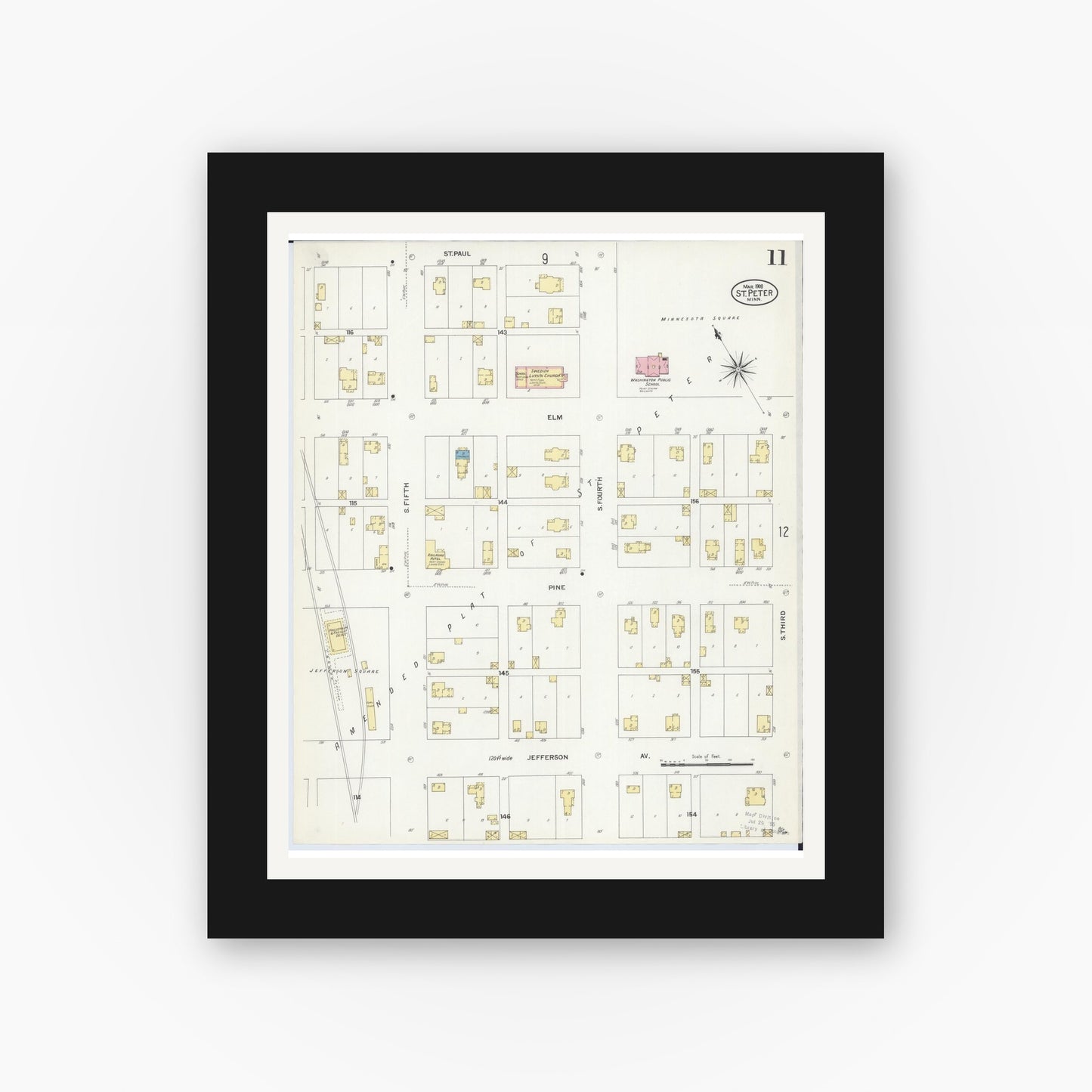 Old map wall art mockup — black gallery frame with white mat — Sanborn Fire Insurance Map from Saint Peter, Nicollet County, Minnesota (1908), Sheet #0011