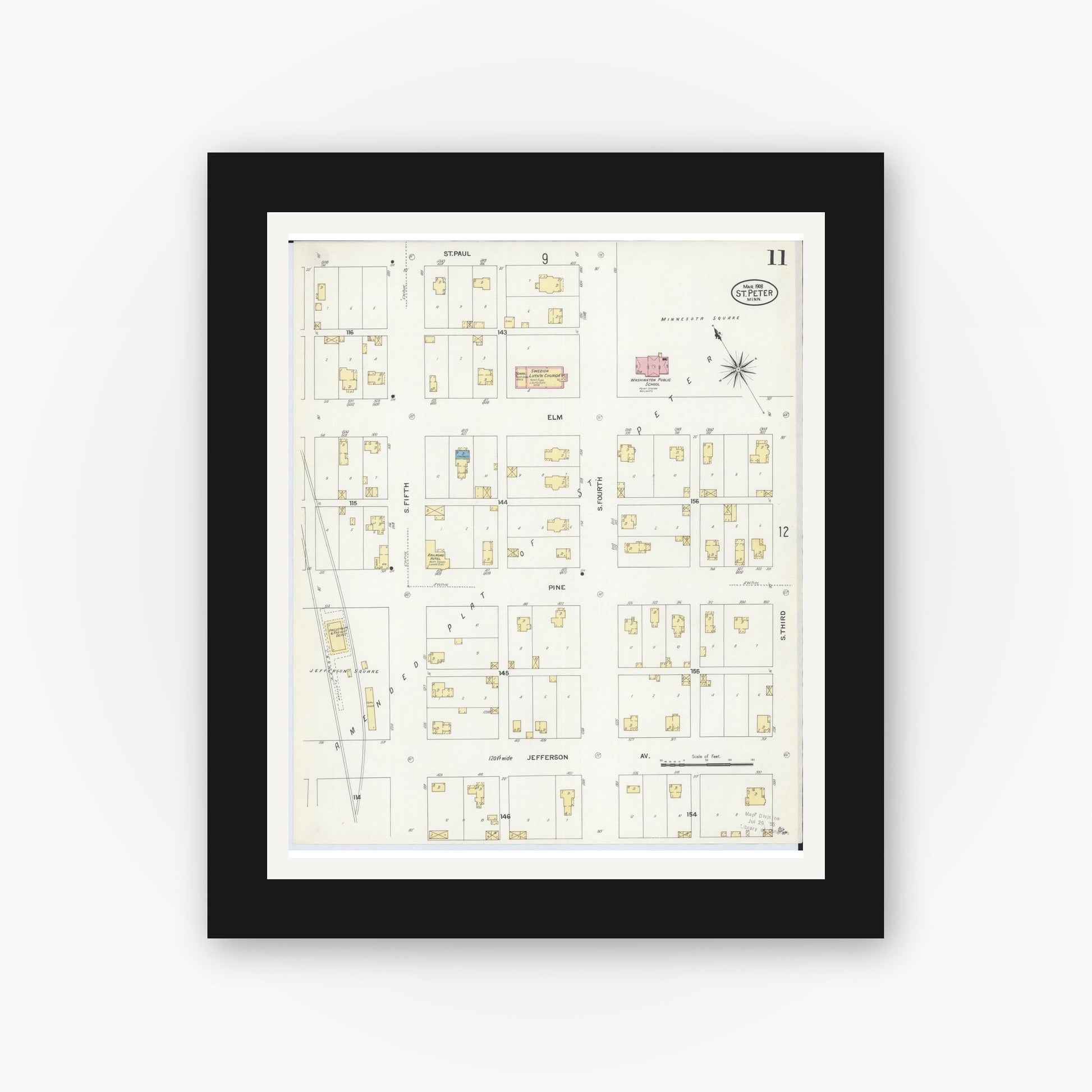 Old map wall art mockup — black gallery frame with white mat — Sanborn Fire Insurance Map from Saint Peter, Nicollet County, Minnesota (1908), Sheet #0011