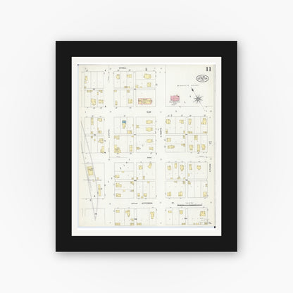 Old map wall art mockup — black gallery frame with white mat — Sanborn Fire Insurance Map from Saint Peter, Nicollet County, Minnesota (1908), Sheet #0011