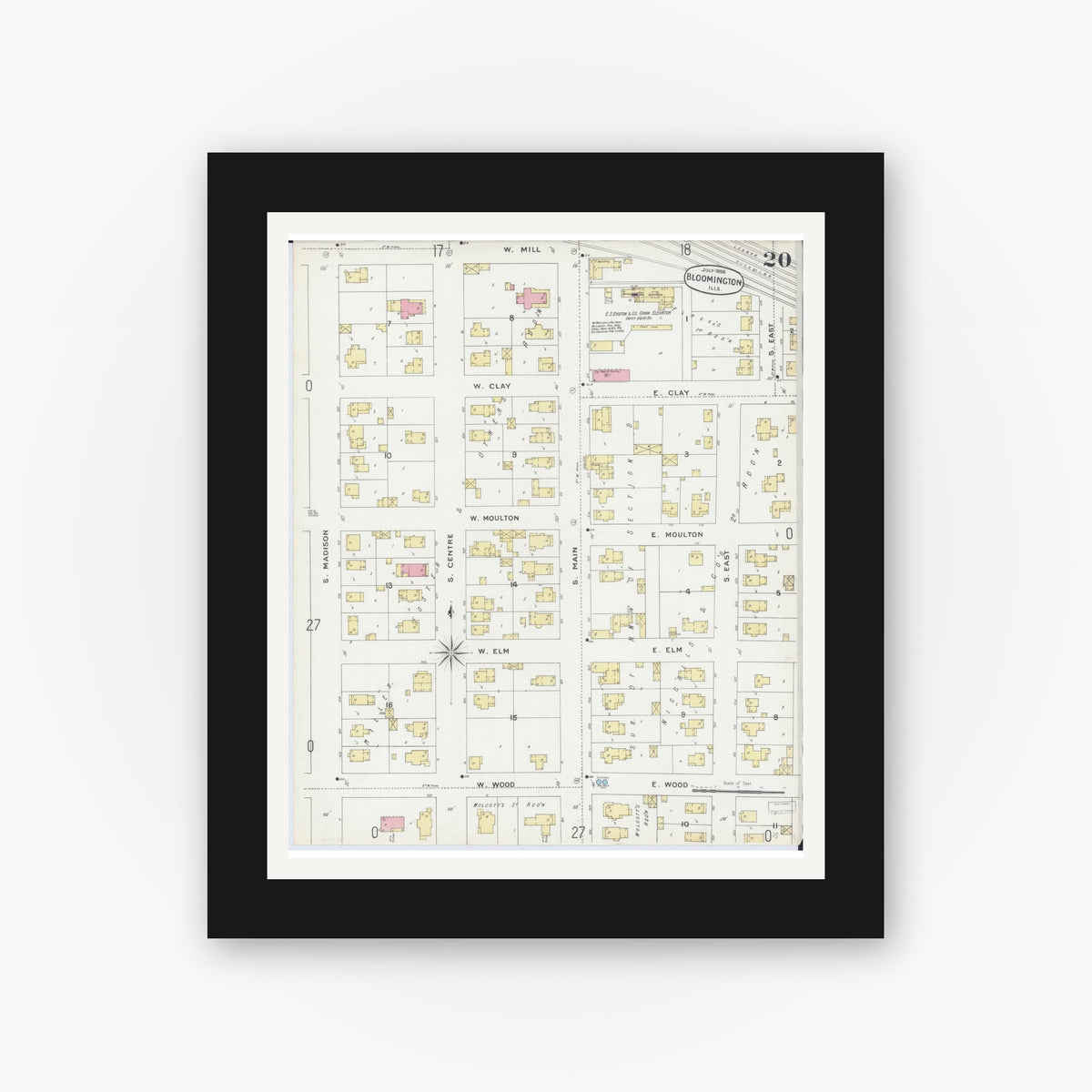 Old map wall art mockup — black gallery frame with white mat — Sanborn Fire Insurance Map from Bloomington, McLean County, Illinois (1896), Sheet #0020