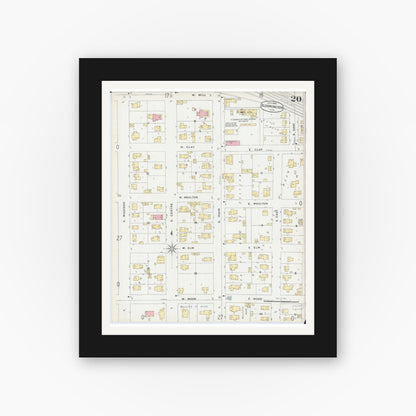 Old map wall art mockup — black gallery frame with white mat — Sanborn Fire Insurance Map from Bloomington, McLean County, Illinois (1896), Sheet #0020
