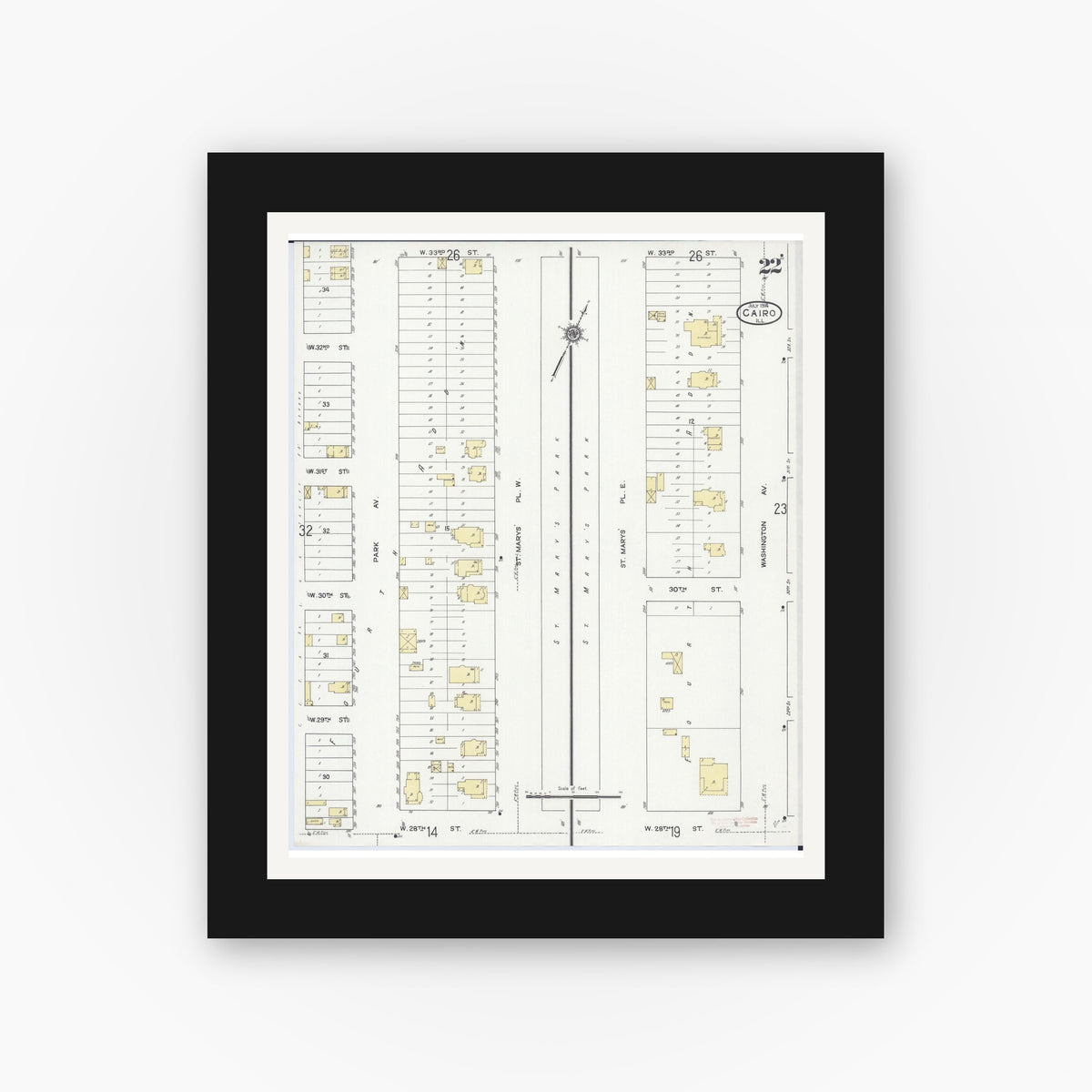 Old map wall art mockup — black gallery frame with white mat — Sanborn Fire Insurance Map from Cairo, Alexander County, Illinois (1914), Sheet #0022