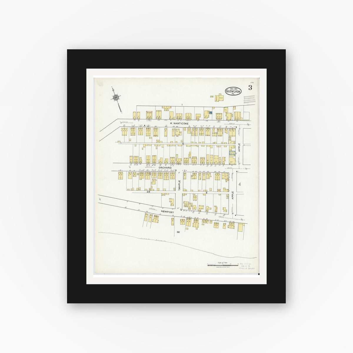 Old map wall art mockup — black gallery frame with white mat — Sanborn Fire Insurance Map from Glen Lyon, Luzerne County, Pennsylvania (1921), Sheet #0003