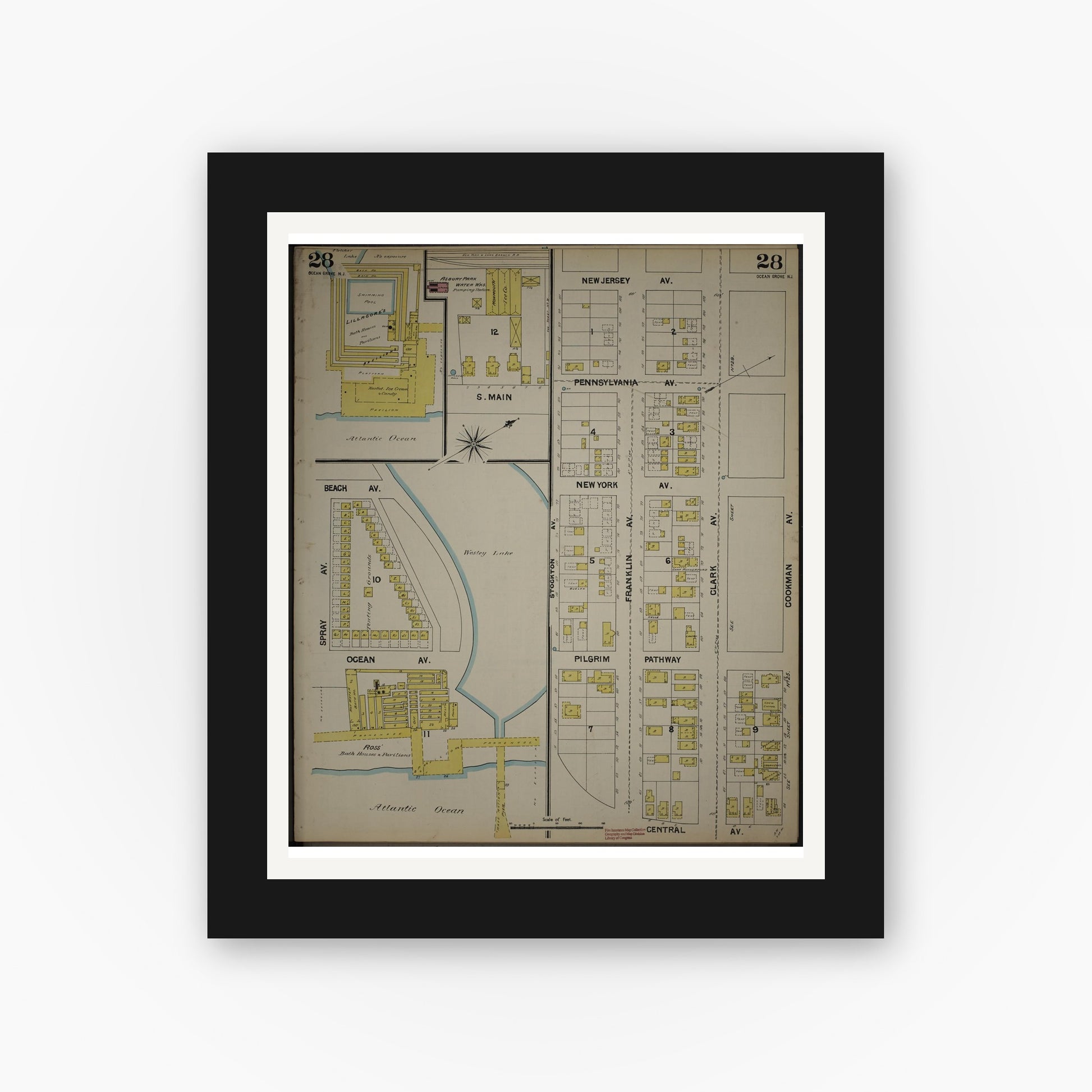 Old map wall art mockup — black gallery frame with white mat — Sanborn Fire Insurance Map from New Jersey Coast, New Jersey Coast, New Jersey (1890), Sheet #0028