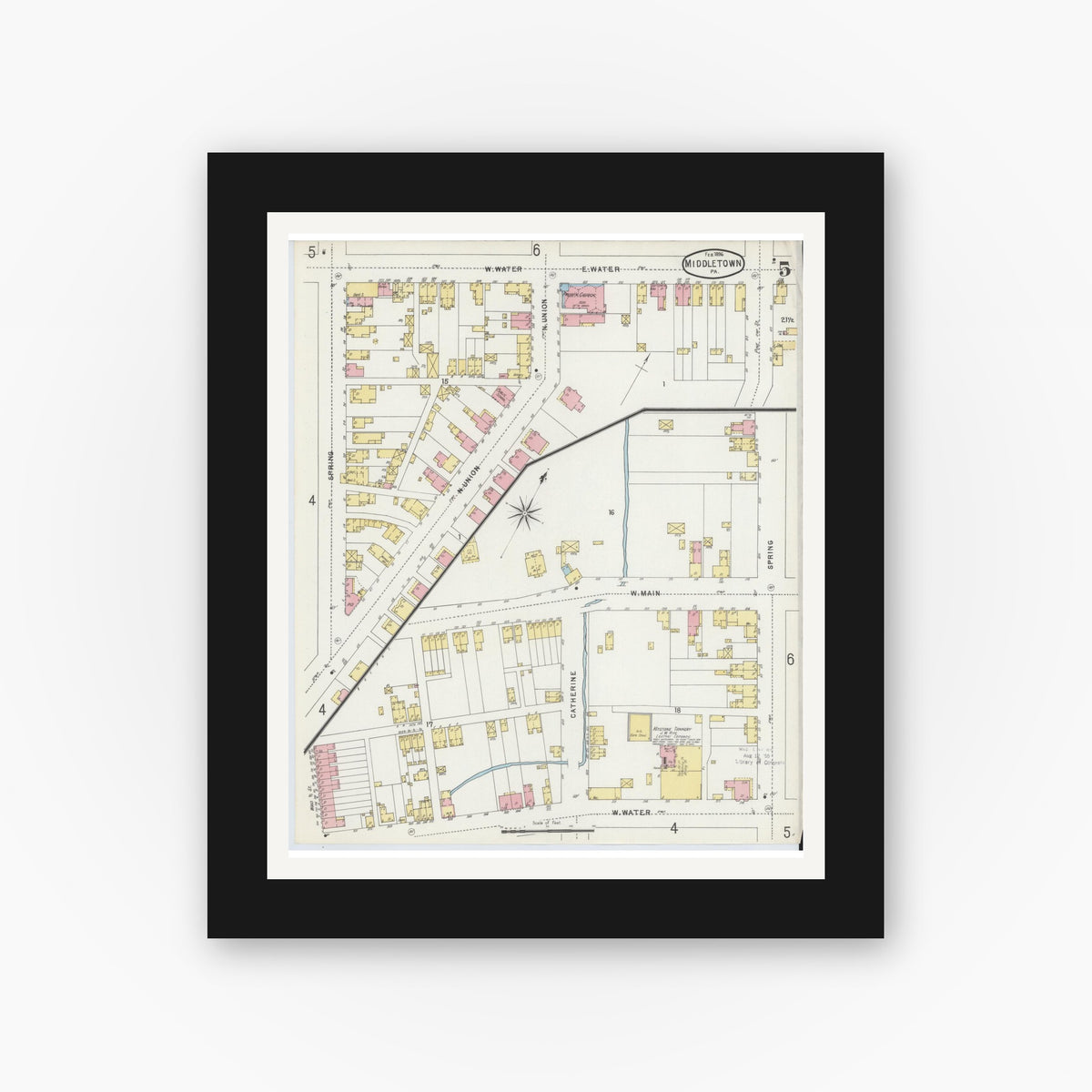 Old map wall art mockup — black gallery frame with white mat — Sanborn Fire Insurance Map from Middletown, Dauphin County, Pennsylvania (1896), Sheet #0005