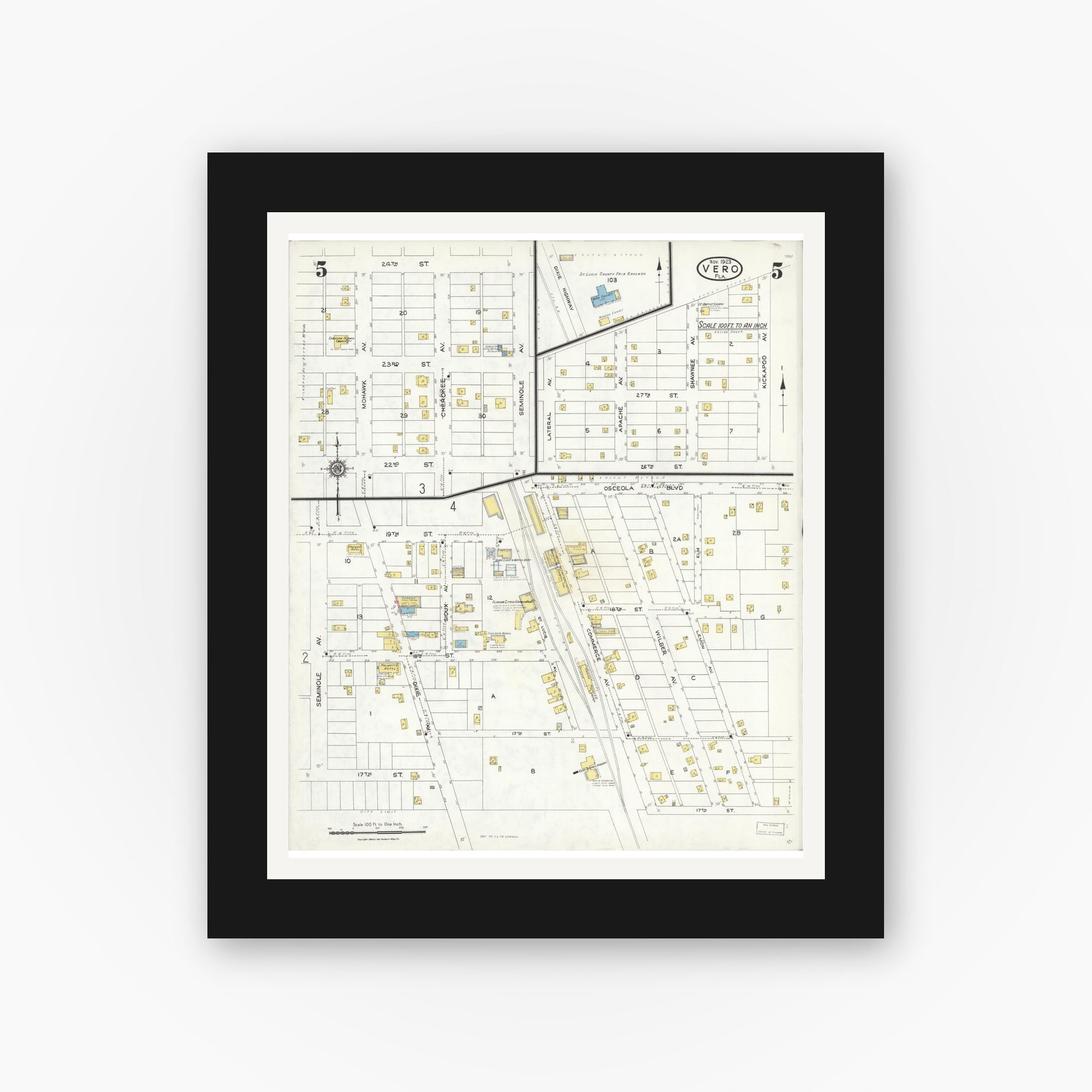 Old map wall art mockup — black gallery frame with white mat — Sanborn Fire Insurance Map from Vero Beach, Indian River County, Florida (1923), Sheet #0005