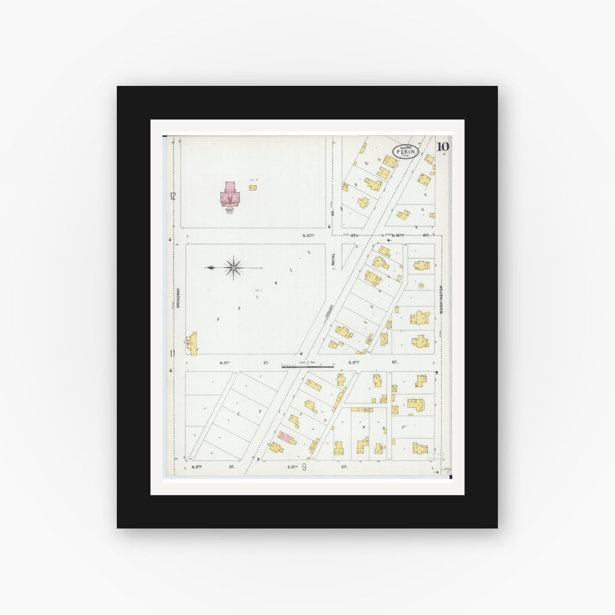 Old map wall art mockup — black gallery frame with white mat — Sanborn Fire Insurance Map from Pekin, Tazewell County, Illinois (1903), Sheet #0010
