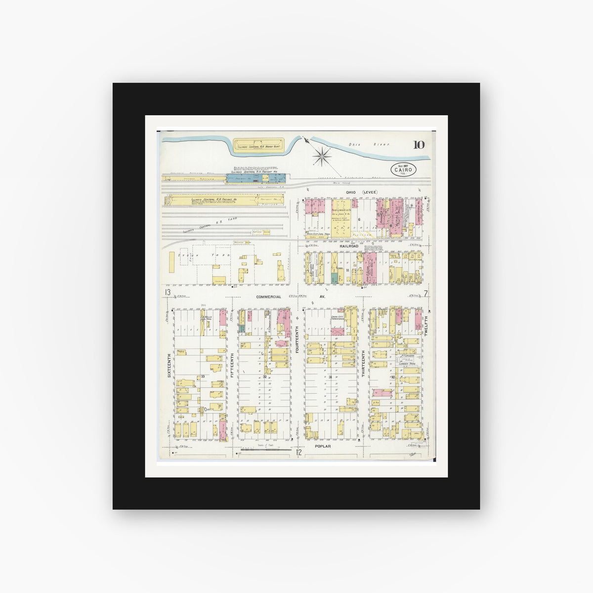 Old map wall art mockup — black gallery frame with white mat — Sanborn Fire Insurance Map from Cairo, Alexander County, Illinois (1907), Sheet #0010
