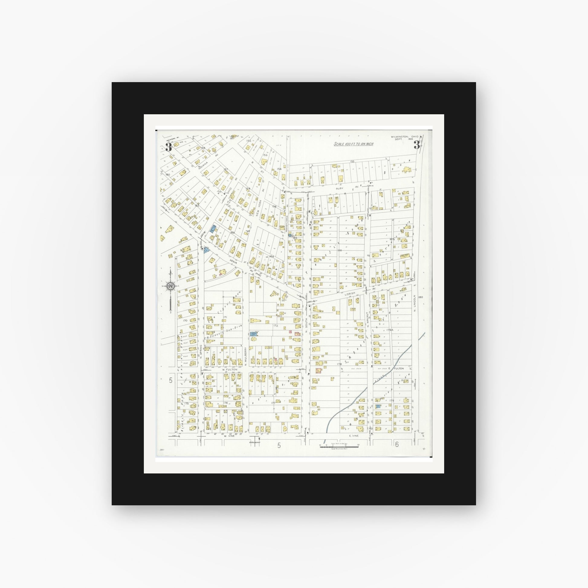 Old map wall art mockup — black gallery frame with white mat — Sanborn Fire Insurance Map from Wilmington, Clinton County, Ohio (1933), Sheet #0003