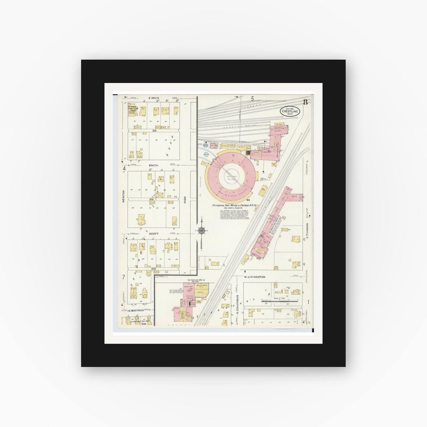 Old map wall art mockup — black gallery frame with white mat — Sanborn Fire Insurance Map from Crestline, Crawford County, Ohio (1910), Sheet #0008