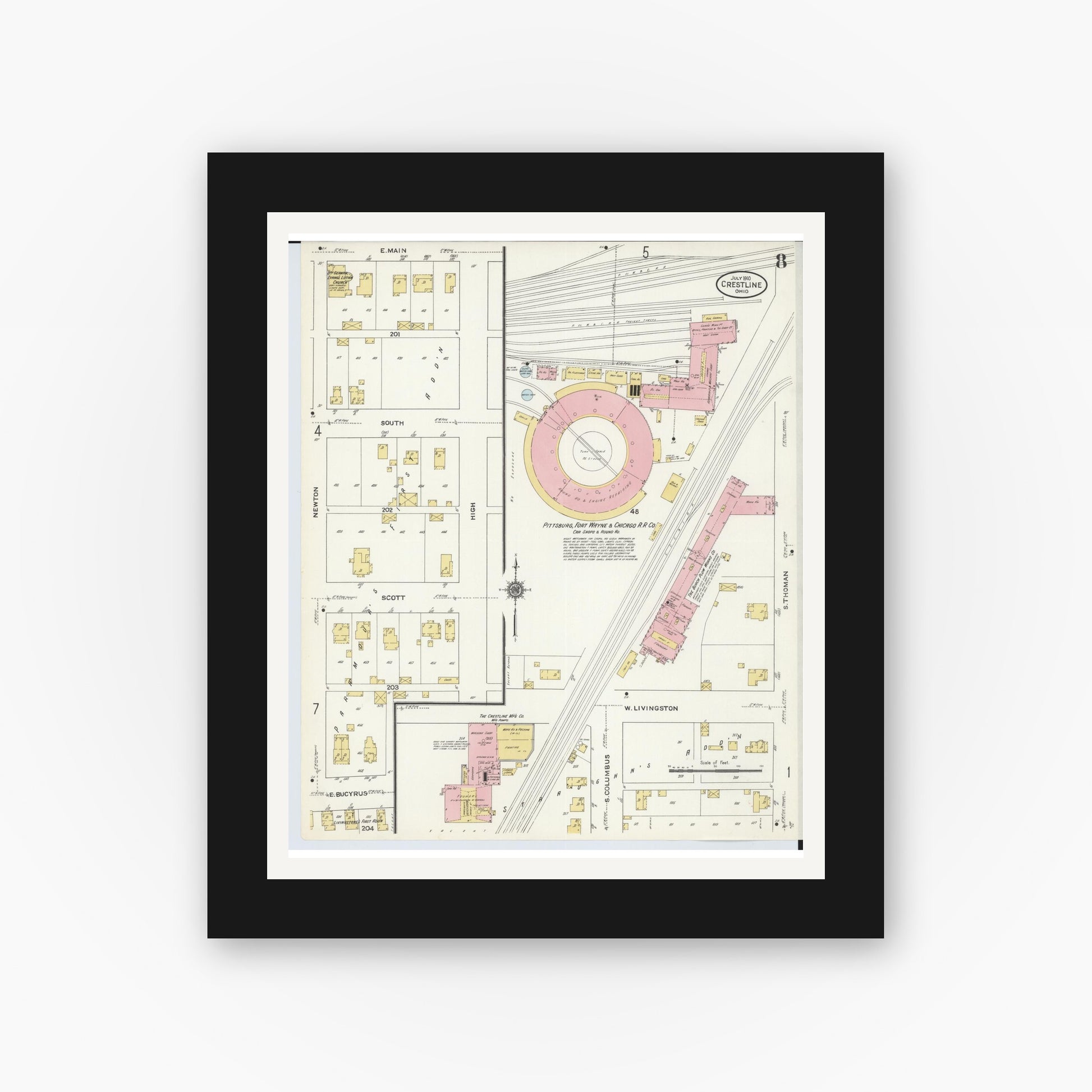 Old map wall art mockup — black gallery frame with white mat — Sanborn Fire Insurance Map from Crestline, Crawford County, Ohio (1910), Sheet #0008