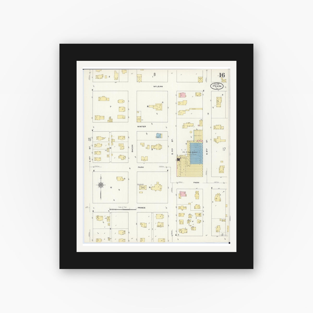 Old map wall art mockup — black gallery frame with white mat — Sanborn Fire Insurance Map from Pekin, Tazewell County, Illinois (1909), Sheet #0016