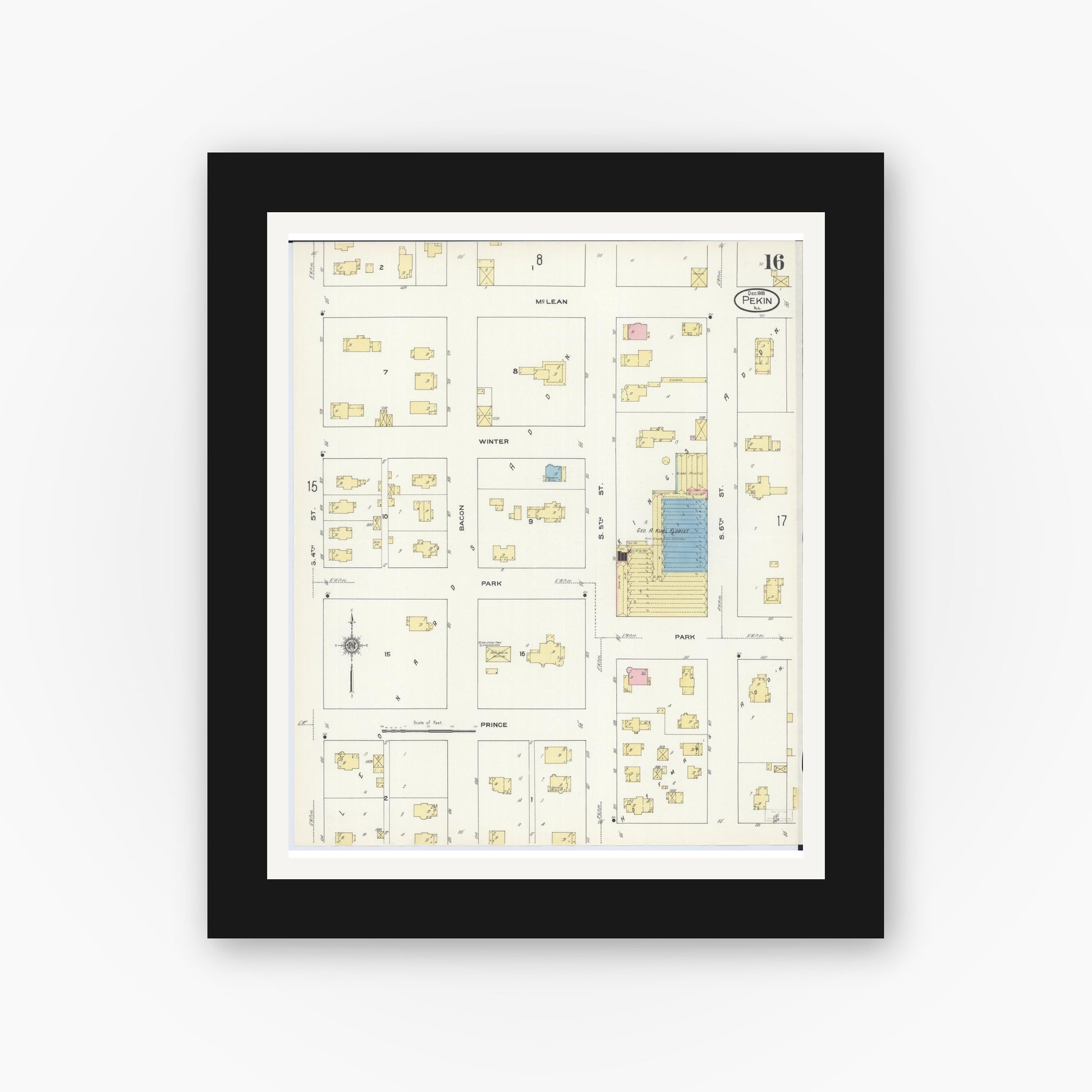 Old map wall art mockup — black gallery frame with white mat — Sanborn Fire Insurance Map from Pekin, Tazewell County, Illinois (1909), Sheet #0016