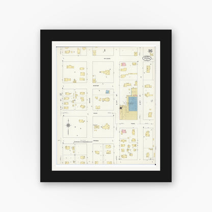 Old map wall art mockup — black gallery frame with white mat — Sanborn Fire Insurance Map from Pekin, Tazewell County, Illinois (1909), Sheet #0016