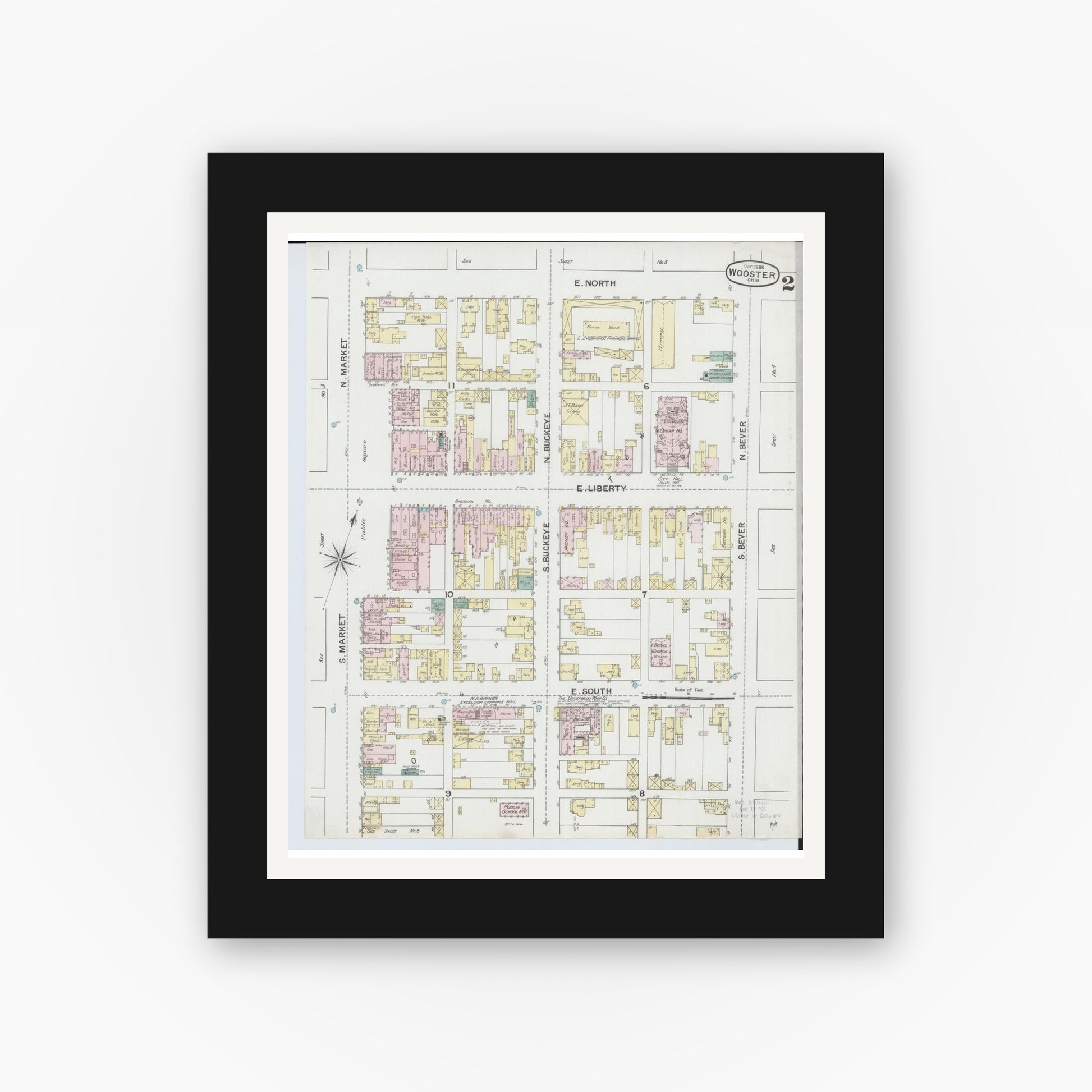 Old map wall art mockup — black gallery frame with white mat — Sanborn Fire Insurance Map from Wooster, Wayne County, Ohio (1888), Sheet #0002
