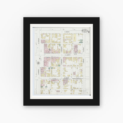 Old map wall art mockup — black gallery frame with white mat — Sanborn Fire Insurance Map from Wooster, Wayne County, Ohio (1888), Sheet #0002