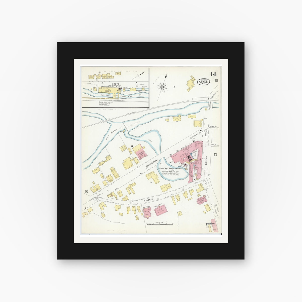 Old map wall art mockup — black gallery frame with white mat — Sanborn Fire Insurance Map from Adams, Berkshire County, Massachusetts (1908), Sheet #0014