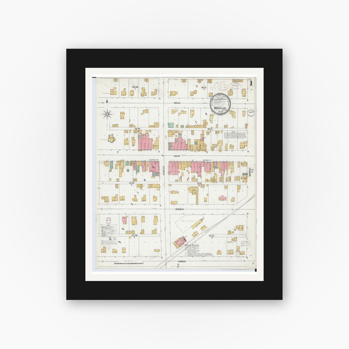 Old map wall art mockup — black gallery frame with white mat — Sanborn Fire Insurance Map from Marcellus, Cass County, Michigan (1899), Sheet #0001
