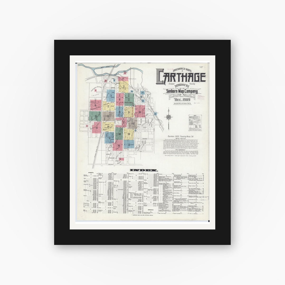 Old map wall art mockup — black gallery frame with white mat — Sanborn Fire Insurance Map from Carthage, Jasper County, Missouri (1909) - Complete Map Set