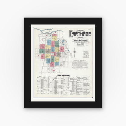 Old map wall art mockup — black gallery frame with white mat — Sanborn Fire Insurance Map from Carthage, Jasper County, Missouri (1909) - Complete Map Set