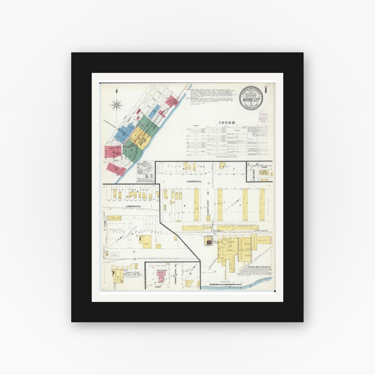 Old map wall art mockup — black gallery frame with white mat — Sanborn Fire Insurance Map from Mound City, Pulaski County, Illinois (1907) - Complete Map Set