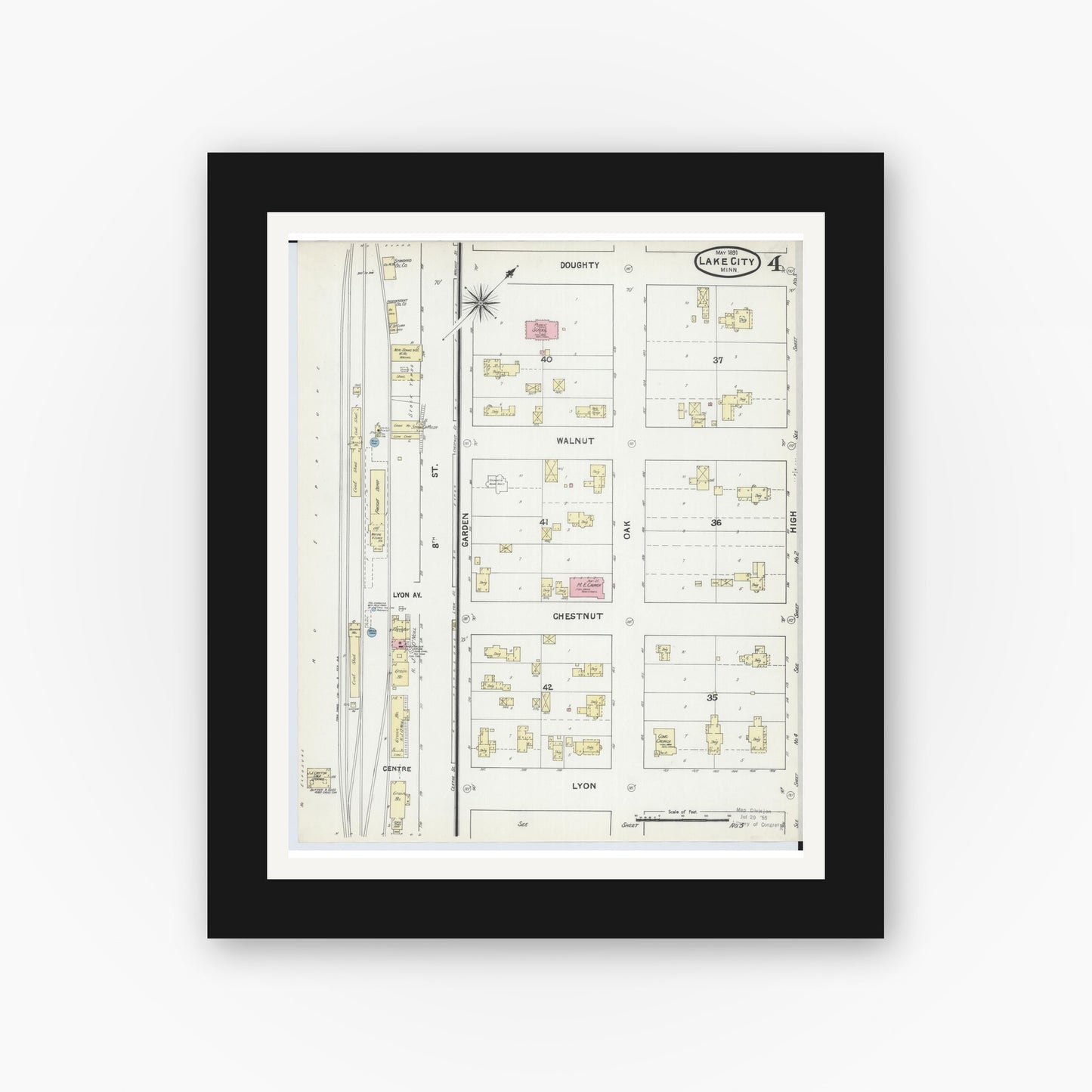 Old map wall art mockup — black gallery frame with white mat — Sanborn Fire Insurance Map from Lake City, Wabasha County, Minnesota (1891), Sheet #0004
