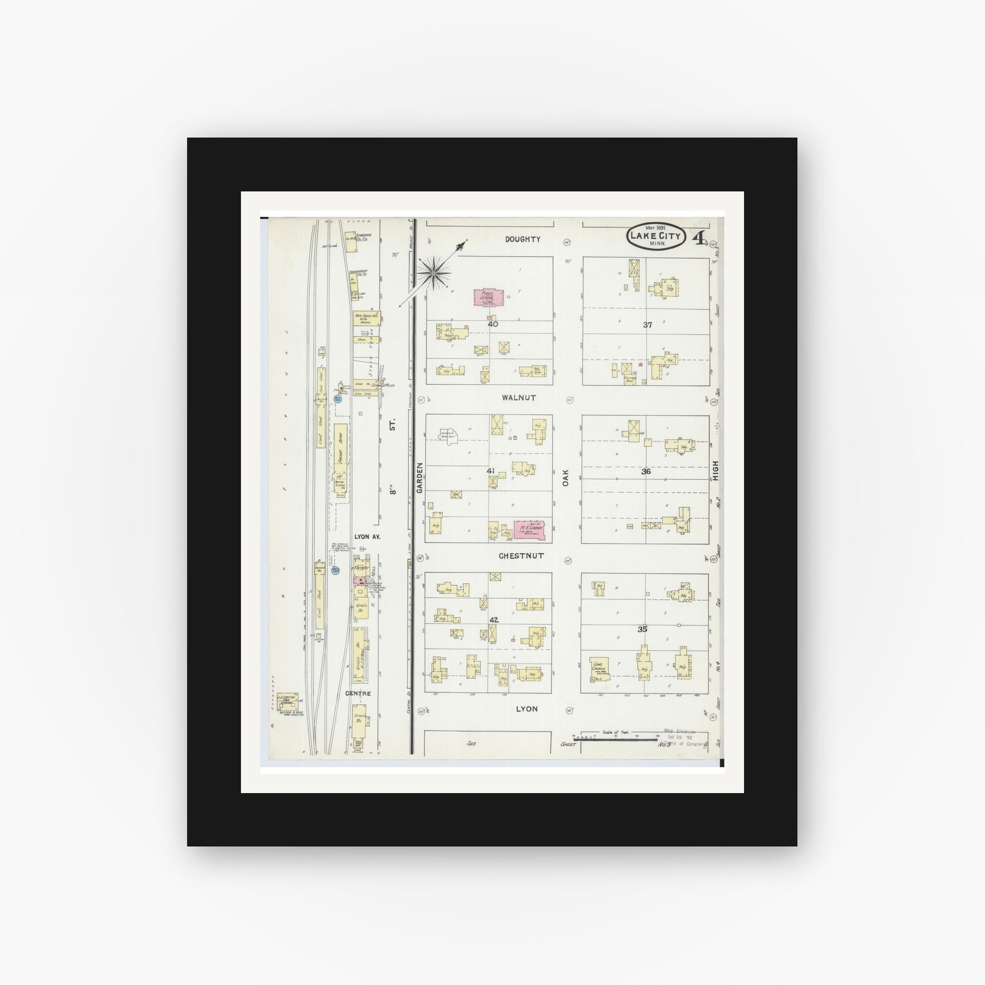 Old map wall art mockup — black gallery frame with white mat — Sanborn Fire Insurance Map from Lake City, Wabasha County, Minnesota (1891), Sheet #0004