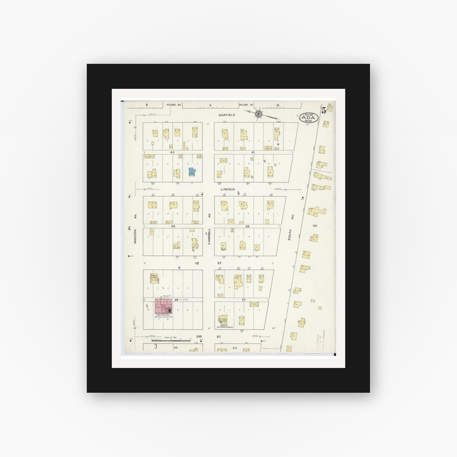 Old map wall art mockup — black gallery frame with white mat — Sanborn Fire Insurance Map from Ada, Norman County, Minnesota (1916), Sheet #0005
